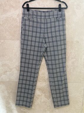 Kim Rogers 12A Plaid Pull On Ankle Pants Grey Black Pink Stretch EUC